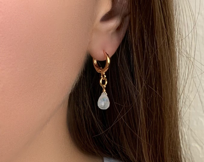 Moonstone Teardrop Drop Huggie Hoop Earrings, Moonstone Earrings, Gemstone Dangle Earrings, Statement Earrings, Minimalist Earrings