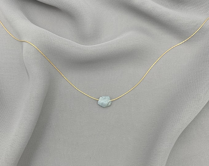 RAW AQUAMARINE Light Blue Layering Necklace, Raw Crystal Natural Gemstone Necklace, 14k Gold Filled or Sterling Silver Beading Chain