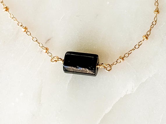 Black Tourmaline Necklace – 14k Gold Filled or Sterling Silver Beaded Cable Chain – Natural Crystal Jewelry