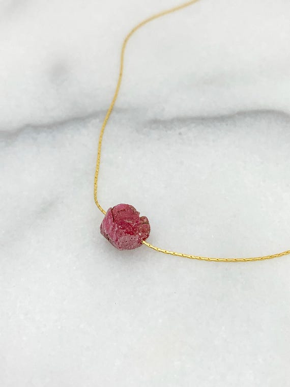 Raw Ruby Necklace – Rough Crystal Pendant on Beading Chain – July Birthstone Jewelry Gift