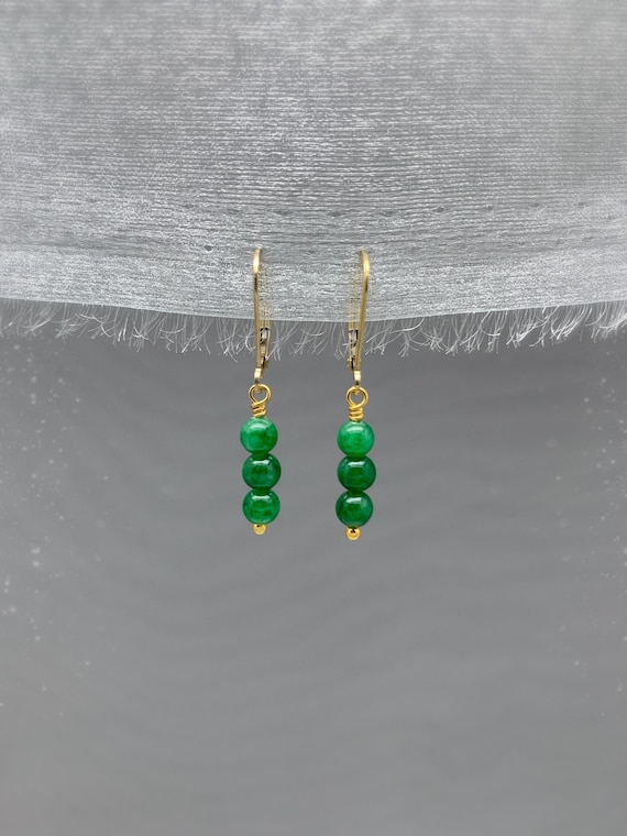 Green Jade Earrings – Three Stone Stack Leverback Dangles in 14k Gold Filled or Sterling Silver – Handmade Gemstone Jewelry