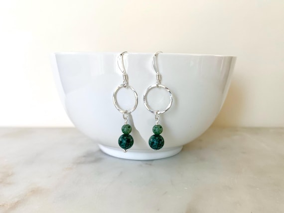 African Turquoise Hammered Circle Earrings – Open Disc Dangles with Smooth Gemstones – 14k Gold Filled or Sterling Silver Jewelry