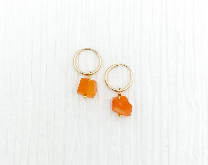 RAW CARNELIAN AGATE 14k Gold Filled Endless Hoop Earrings, Dainty Hoop Dangle Earrings