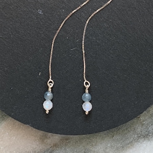 Aquamarine and Rainbow Moonstone Two Stone Threader Earrings – Birthstone  Combo Pull Through Earrings in 14k Gold Filled or Sterling Silver