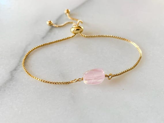 Rose Quartz Beaded Bracelet – Raw October Birthstone Adjustable Handmade Gemstone Jewelry