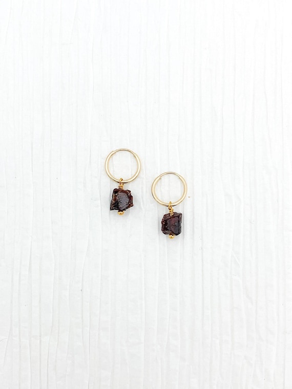 Raw Garnet Hoop Earrings – Genuine Gemstone Endless Hoops in 14k Gold Filled or Sterling Silver