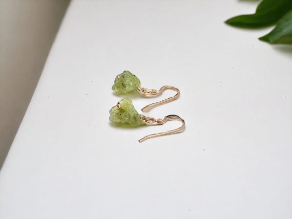 Raw Peridot Earrings – Rough Gemstone Dangles in 14k Gold Filled or Sterling Silver – August Birthstone Jewelry