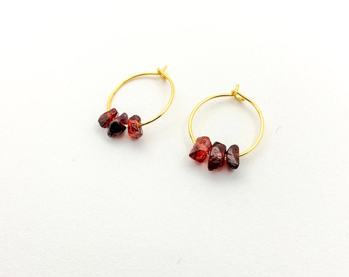 GARNET Chip Small Hoop Earrings, 14k Gold Filled, Rose Gold Filled, or Sterling Silver Tiny Hoop Earrings With Genuine Gemstone Beads