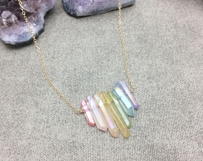 RAINBOW QUARTZ Crystal Necklace, Quartz Layering Necklace, Raw Quartz Crystal Point Rainbow Necklace