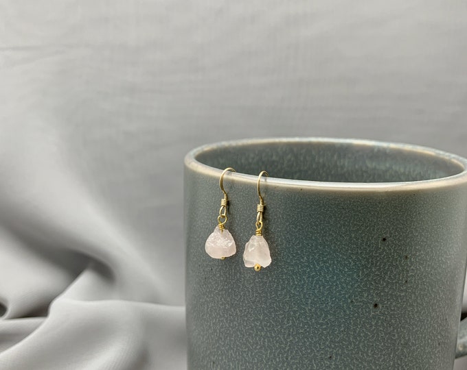 RAW ROSE QUARTZ Earrings,14k Gold Filled, Rose Gold Filled, or Sterling Silver, Rough Gemstone Earrings, Dangle Earrings