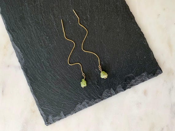 Peridot Threader Earrings – Raw Gemstone Pull Through in Gold or Sterling Silver