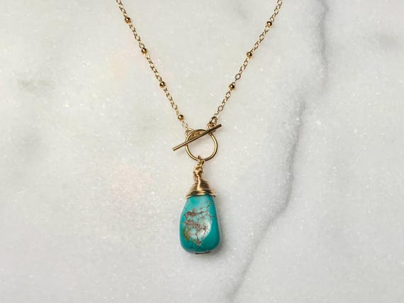 Turquoise Toggle Pendant Necklace – Beaded Cable Chain – December Birthstone Jewelry