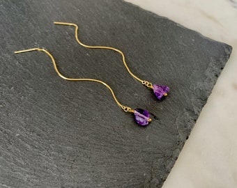 RAW AMETHYST Threader Earrings, Raw Gemstone Threader Earrings in Gold or Sterling Silver