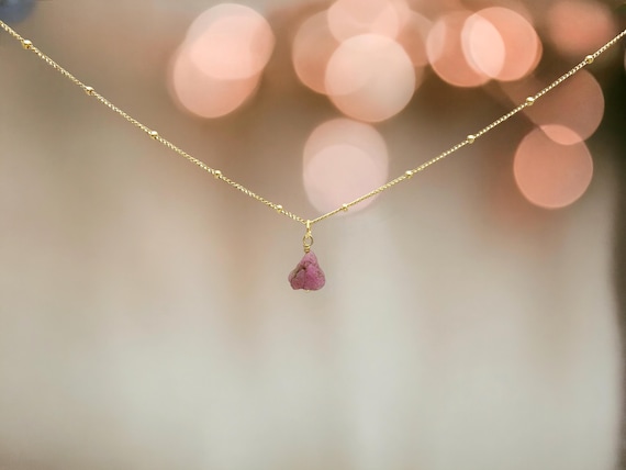 Pink Tourmaline Pendant Necklace – Raw Crystal on Gold Plated Sterling Silver Satellite Chain