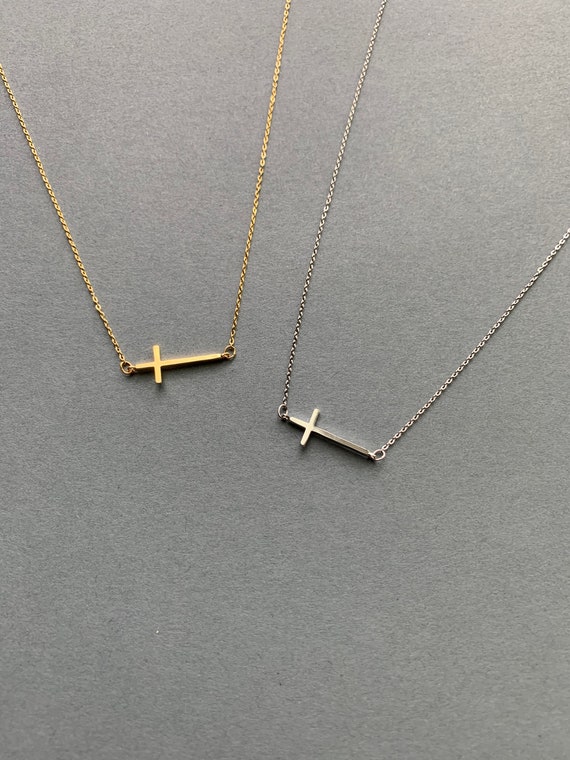 Sideways Cross Necklace – Dainty Gold or Silver Layering Pendant – Minimalist Christian Jewelry