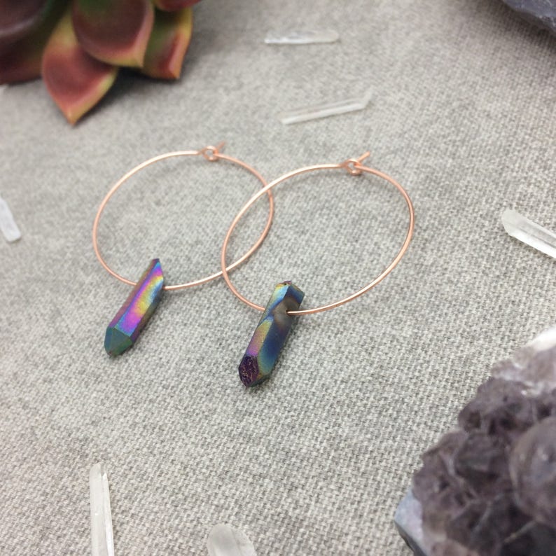 Rainbow Titanium Quartz Crystal Hoop Earrings, Raw Quartz Point Earrings, Rose Gold Earrings, Rose Gold Hoops image 9