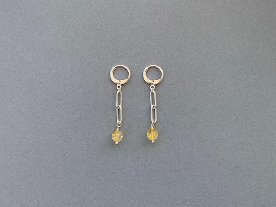 Citrine Long Link Chain Earrings – Gold Plated or Sterling Silver Gemstone Drop Earrings