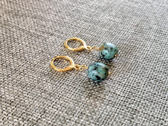African Turquoise Huggie Hoop Earrings – Gold Leverback Natural Gemstone Jewelry
