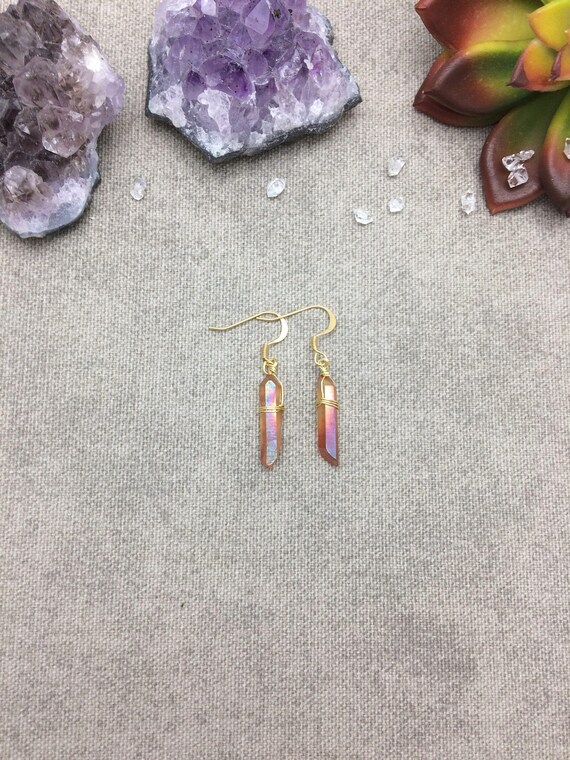 Orange Aura Quartz Point Earrings – Raw Crystal Dangle Earrings – Unique Quartz Jewelry Gift