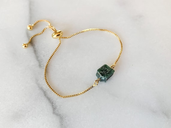Raw Emerald Bracelet – Genuine Gemstone Beaded Adjustable Bracelet – May Birthstone Jewelry Gift
