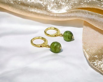 PERIDOT Round Bead Huggie Hoops Lever Back Hoop Earrings With Genuine Gemstone Beads