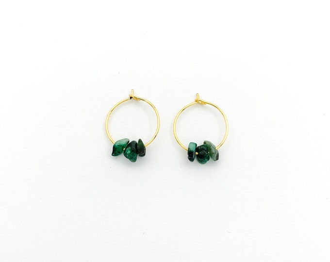 EMERALD Chip Small Hoop Earrings, 14k Gold Filled, Rose Gold Filled, or Sterling Silver Tiny Hoop Earrings With Genuine Gemstone Beads