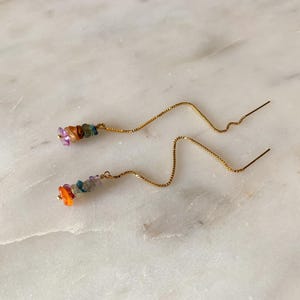 Mixed Gemstone Threader Earrings – Colorful Chip Beads – 14k Gold Filled or Sterling Silver Box Chain Pull Through Earrings