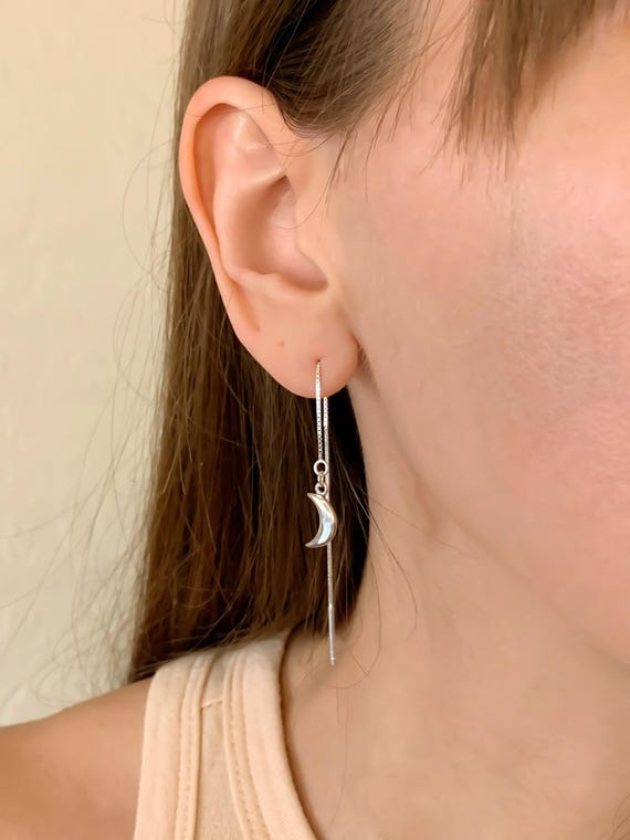 Crescent Moon Threader Earrings – Minimalist Pull Through Jewelry in Sterling Silver or Gold Vermeil