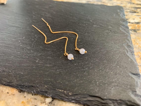 Rainbow Moonstone Threader Earrings – Tiny Faceted Gemstone Pull Throughs in Gold Filled or Sterling Silver