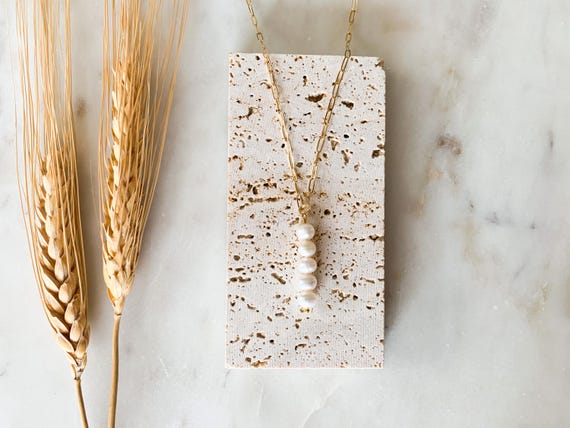 Pearl Drop Pendant Necklace – Gold Paperclip Chain with Rectangle Link – Minimalist Pearl Jewelry