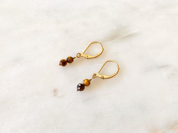 Tiger’s Eye Leverback Earrings – Faceted Two Stone Drop in Gold Filled or Sterling Silver