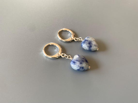 Heart Gemstone Huggie Hoops – Sodalite Bead Earrings with Lever Back Hoops