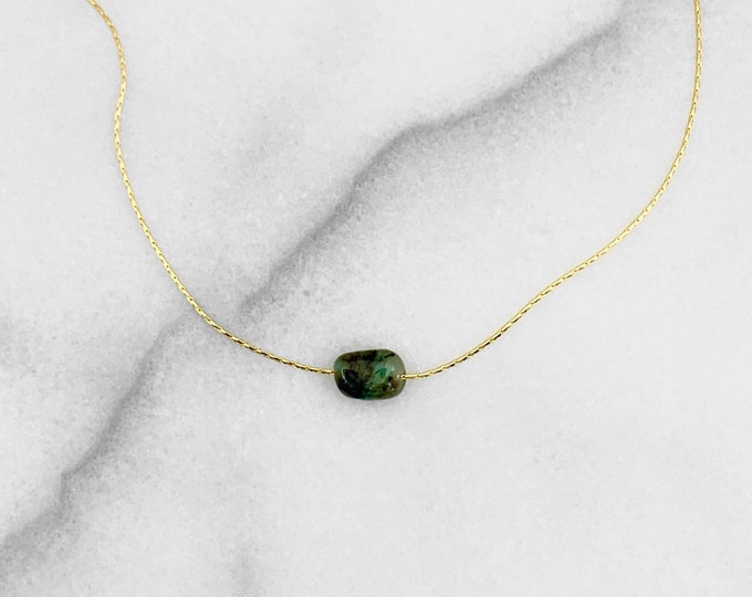 EMERALD Gemstone Necklace on Beading Chain, Rough Gemstone Layering Necklace, Dainty Minimalist Gemstone Jewelry