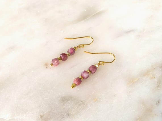 Pink Tourmaline Dangle Earrings – Lightweight 18k Gold Plated Boho Gemstone Jewelry
