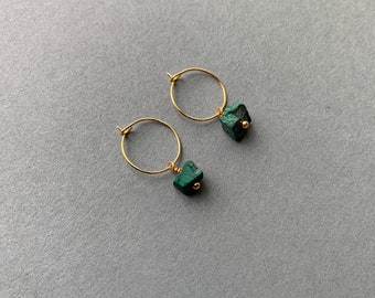 RAW MALACHITE 14k Gold Filled Tiny Gemstone Hoop Earrings With Genuine Gemstone Beads