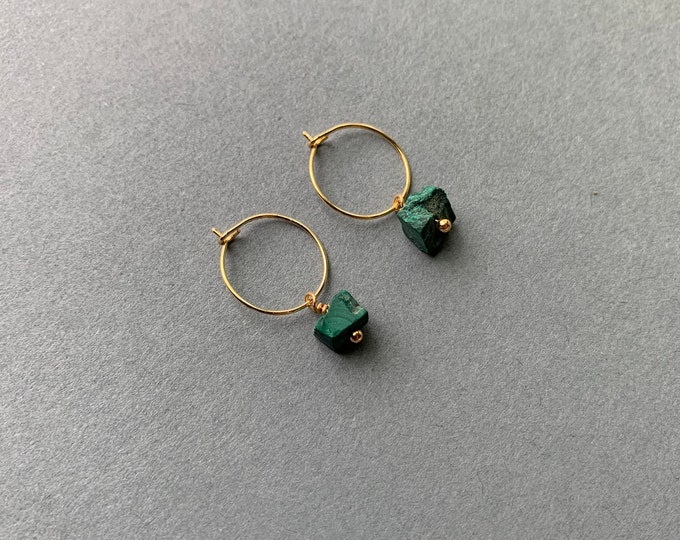 RAW MALACHITE 14k Gold Filled Tiny Gemstone Hoop Earrings With Genuine Gemstone Beads