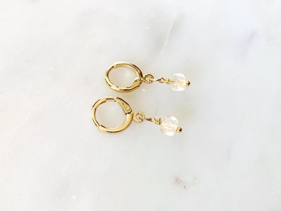 Citrine Faceted Cube Huggie Hoop Earrings – Gold Leverback Gemstone Drop Jewelry