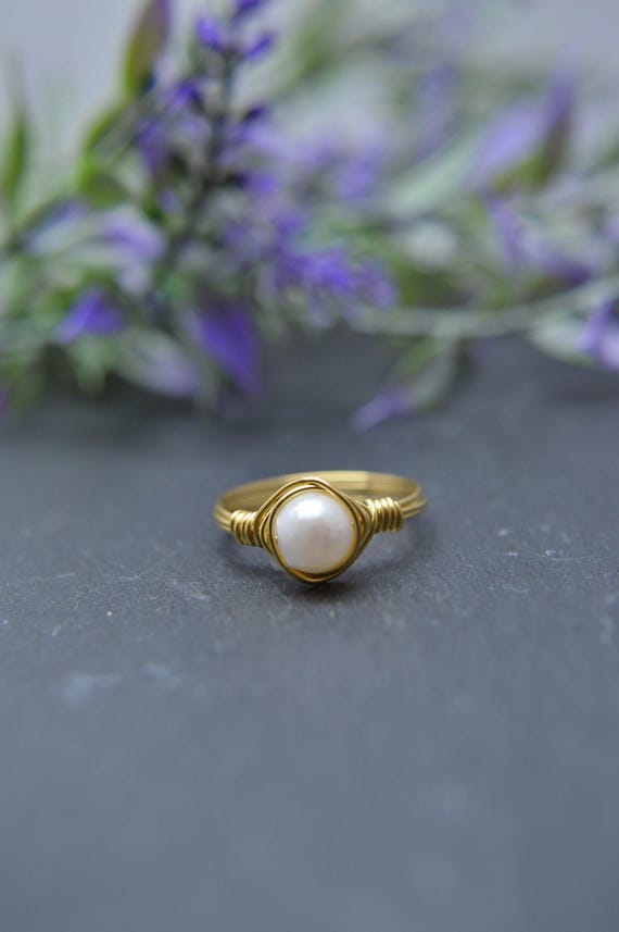 Freshwater Pearl Ring – June Birthstone Wire Wrapped Ring in 14k Gold Filled or Sterling Silver