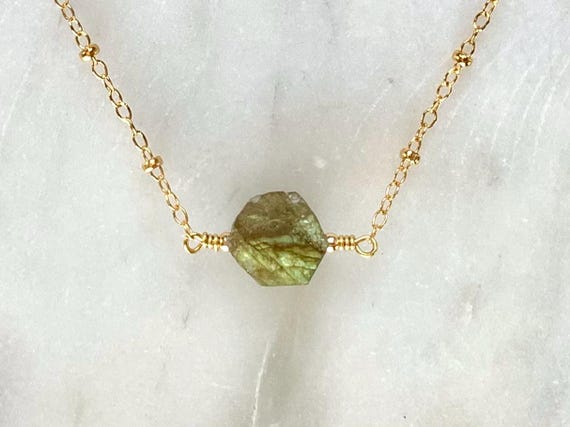 Raw Labradorite Necklace – Gemstone Pendant on 14k Gold Filled or Sterling Silver Beaded Cable Chain