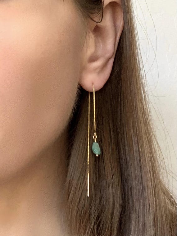 Raw Emerald Threader Earrings – May Birthstone Gemstone Drops in 14k Gold Filled or Sterling Silver