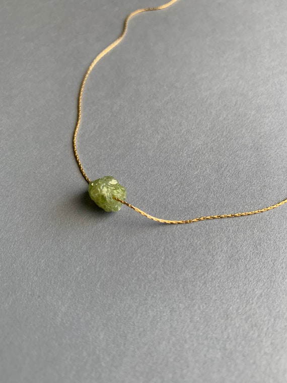Raw Peridot Necklace – August Birthstone Pendant on Beading Chain in Gold Filled or Sterling Silver
