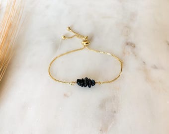 Pulsera de turmalina negra con cuentas – Cadena ajustable con piedras preciosas – Joyería de cristal bañada en oro o plata