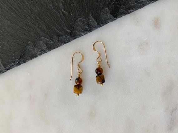 Tiger Eye Cube Earrings – Genuine Gemstone Mini Drop Earrings – Small Stone Jewelry