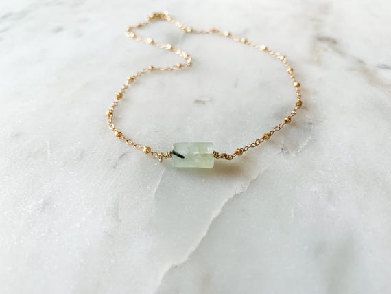 Prehnite Necklace – Green Gemstone Pendant on 14k Gold Filled or Sterling Silver Beaded Cable Chain