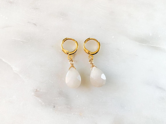 White Jade Huggie Hoop Earrings – Gold Leverback Lab-Created Gemstone Jewelry