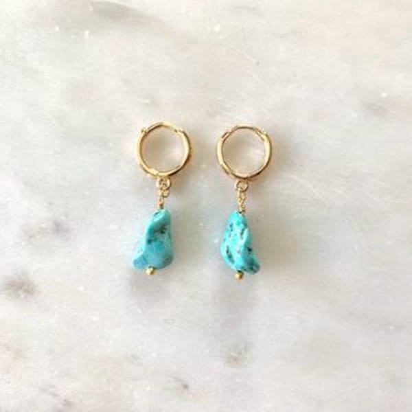 Turquoise Nugget Huggie Hoop Earrings – Genuine Gemstones – December Birthstone Jewelry