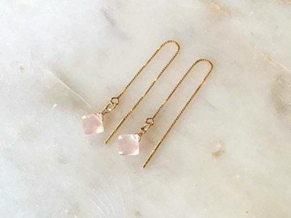 Rose Quartz Threader Earrings – Princess Cut Drops in 14k Gold Filled or Sterling Silver