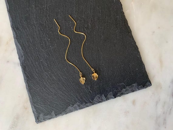 Raw Citrine Threader Earrings – Natural Yellow Gemstone Pull Through Box Chain in 14k Gold Filled or Sterling Silver