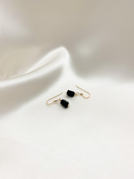 Raw Black Tourmaline Earrings – Rough Gemstone Dangles in 14k Gold Filled or Sterling Silver