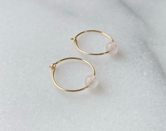 ROSE QUARTZ Beaded Gemstone Hoops, Minimalist Earrings, Rose Gold Earrings, 14k Gold Filled Hoops, Modern Hoop Earrings